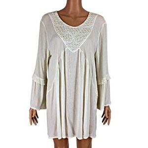 Peasant Top Cottagecore Crinkle Ruffled Bell Sleeves Pearl Bodice Beige Size LG